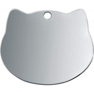 Silver Id-bricka Katt Silverfärgad namnbricka katt i rostfritt stål, formad som ett kattansikte, med slät yta, rundade kanter och hål för delbar ring.