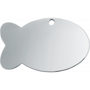 Silver Id-bricka Fisk Liten silverfärgad fiskformad namnbricka katt, 30×20 mm, i rostfritt stål med hål upptill för halsbandsfäste.