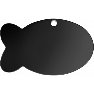 Svart Id-bricka Fisk Spegelblank svart fiskformad namnbricka katt i rostfritt stål, 30×20 mm, med rundade kanter och hål för halsbandsfäste.