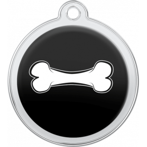 Hund Id-bricka Ben Svart Svart rund namnbricka hund i rostfritt stål, 30×33 mm, med vitt benmotiv och topphål för halsbandsfäste.