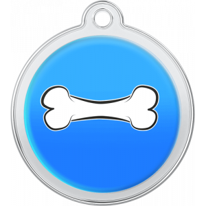 Hund Id-bricka Ben Blå Blå rund namnbricka hund i rostfritt stål, 30×33 mm, med vitt benmotiv och topphål för halsbandsfäste.