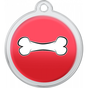 Hund Id-bricka Ben Röd Röd rund namnbricka hund i rostfritt stål, 30×33 mm, med vitt benmotiv och topphål för säker halsbandsfäste.