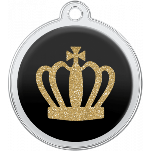 Hund Id-bricka Kungkrona Design Svart Svart rund namnbricka hund i rostfritt stål, 30×33 mm, med glittrande guldkrona och hål upptill för halsband.