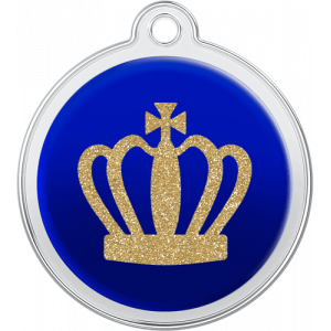 Hund Id-bricka Kungkrona Design Blå Blå rund namnbricka hund i rostfritt stål, 30×33 mm, med glittrande guldkrona och hål för halsbandsfäste.