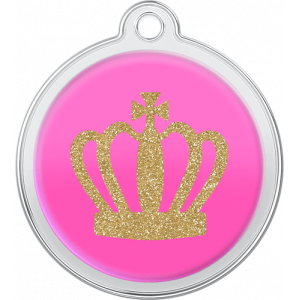 Hund Id-bricka Kungkrona Design Rosa Rosa rund namnbricka hund i rostfritt stål, 30×33 mm, med glittrande guldkungakrona och topphål för halsbandsfäste.