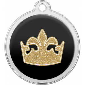 Hund Id-bricka Drottningkrona Design Svart Svart rund namnbricka hund i rostfritt stål, 30×33 mm, med glittrande guld drottningkrona och topphål för halsband.