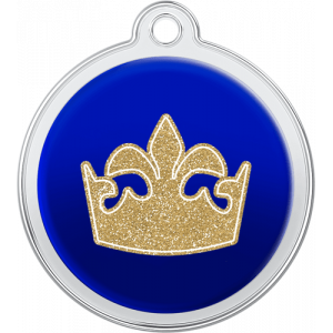 Hund Id-bricka Drottningkrona Design Blå Blå rund namnbricka hund i rostfritt stål, 30×33 mm, med glittrande guld drottningkrona och hål för halsbandsfäste.