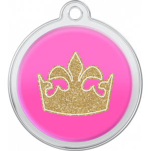 Hund Id-bricka Drottningkrona Design Rosa Rosa rund namnbricka hund i rostfritt stål, 30×33 mm, med glittrande guld drottningkrona och hål för halsbandsfäste.