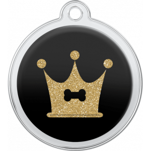Hund Id-bricka Benkrona Design Svart Svart rund namnbricka hund i rostfritt stål, 30×33 mm, med glittrande guldkrona och benmotiv samt topphål för halsband.