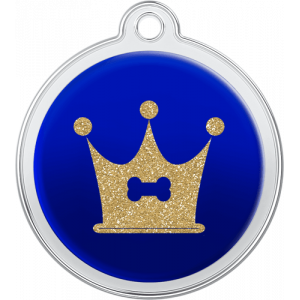 Hund Id-bricka Benkrona Design Blå Blå rund namnbricka hund i rostfritt stål, 30×33 mm, med glittrande guldkrona och benmotiv, topphål för halsbandsfäste.