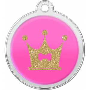 Hund Id-bricka Benkrona Design Rosa Rosa rund namnbricka hund i rostfritt stål, 30×33 mm, med glittrande guldkrona och benmotiv, hål för halsbandsfäste.
