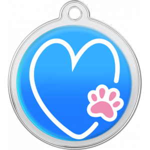 Hund Id-bricka Hjärta-Tass Design Blå Blå rund namnbricka hund i rostfritt stål, 30×33 mm, med vitt hjärta och rosa tassmotiv, hål för halsbandsfäste.