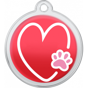 Hund Id-bricka Hjärta-Tass Design Röd Röd rund namnbricka hund i rostfritt stål, 30×33 mm, med vitt hjärta och rosa tassmotiv, hål för halsband.