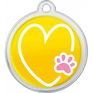 Hund Id-bricka Hjärta-Tass Design Gul Gul rund namnbricka hund i rostfritt stål, 30×33 mm, med vitt hjärta och rosa tassmotiv, hål för halsbandsfäste.