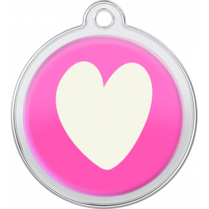 Hund Id-bricka Hjärta Design Vit Rosa rund namnbricka hund i rostfritt stål, 30×33 mm, med stort vitt hjärta och topphål för halsband.