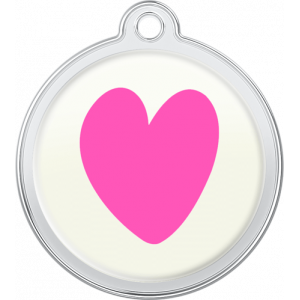 Hund Id-bricka Hjärta Design Rosa Vit rund namnbricka hund i rostfritt stål, 30×33 mm, med stort rosa hjärta och topphål för halsbandsfäste.