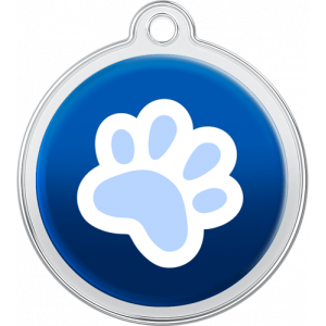 Hund Id-bricka Tass Design Blå Blå rund namnbricka hund i rostfritt stål, 30×33 mm, med vit och ljusblå tass och topphål för halsbandsfäste.