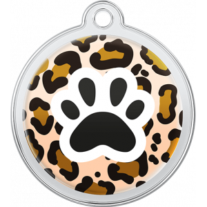 Hund Id-bricka Gepard Design Namnbricka hund i rund rostfri stål, 30×33 mm, med leopardmönster och svart tass, topphål för halsband.