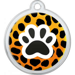 Hund Id-bricka Leopard Design Orange rund namnbricka hund i rostfritt stål, 30×33 mm, med leopardmönster och svart tass, topphål för halsbandsfäste.