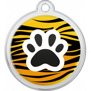 Hund Id-bricka Tiger Design Rund namnbricka hund i rostfritt stål, 30×33 mm, med tigermönster och svart tass, topphål för halsband.