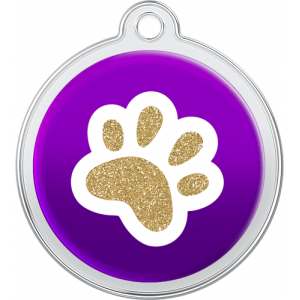 Hund Id-bricka Tass Design Lila Lila rund namnbricka hund i rostfritt stål, 30×33 mm, med glittrande guldtass och topphål för halsbandsfäste.