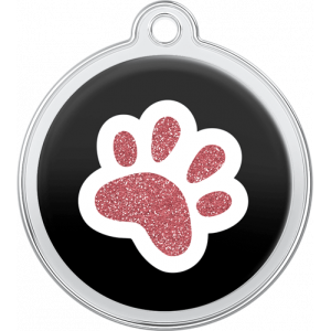 Hund Id-bricka Tass Design Svart Svart rund namnbricka hund i rostfritt stål, 30×33 mm, med glittrande rosa tass och topphål för halsband.