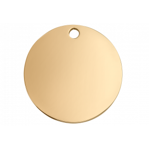 Rund guldfärgad namnbricka hund i rostfritt stål med spegelblank yta, graverbar med namn och kontaktinformation.