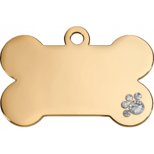 Guld Hund Id-bricka Ben Lyxiga Lyxig guldfärgad namnbricka hund i benform med kristalltass, rostfritt stål, graverad på båda sidor med namn och kontaktinfo.